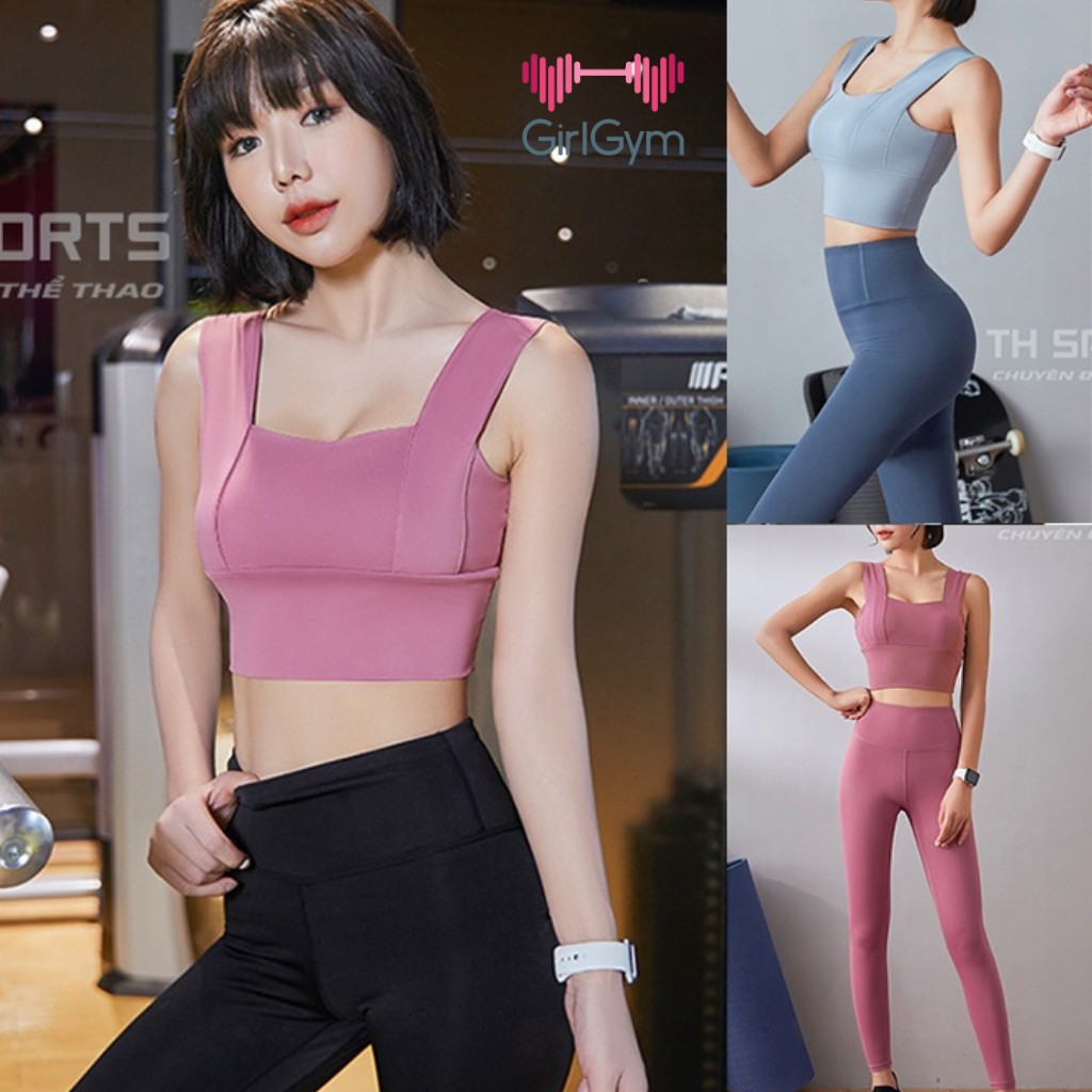 Bộ tập gym yoga earobic nữ, Sét quần dài và áo ba lỗ croptop có lót ngực chống sốc khi tập luyện Girl Gym