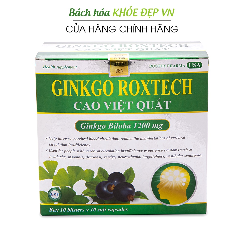 Hoạt huyết dưỡng não Ginkgo Biloba 1200mg - Hộp 100 viên [Ginkgo Roxtech Cao Việt Quất xanh]