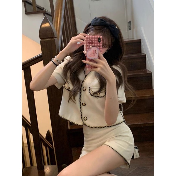 Set dạ len tweed viền 2 món cúc ngọc áo croptop kèm quần short ulzzang Hàn Quốc - Ảnh thật Yena Closet