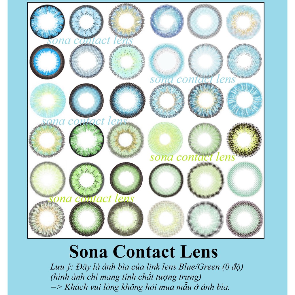 20 Mẫu Lens Blue/Green Sona Hàn Quốc (0 độ) (kính áp tròng Sona Hàn Quốc)