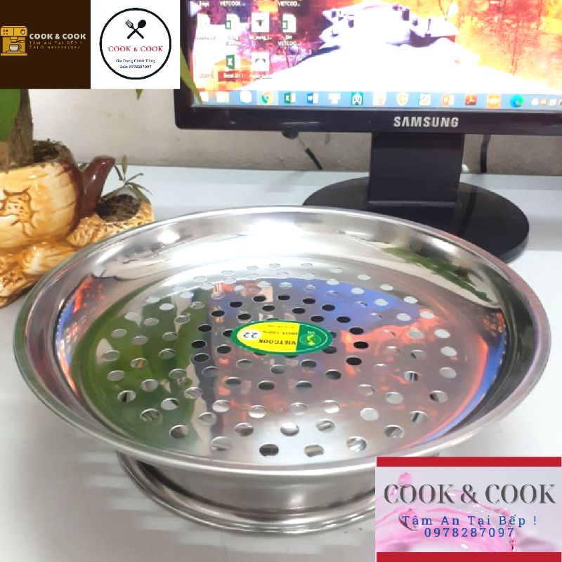 [CHÍNH HÃNG] Vỉ hấp inox cách thủy size 20, 22, 24 cm có chân đế, xửng hấp chính hãng Vietcook