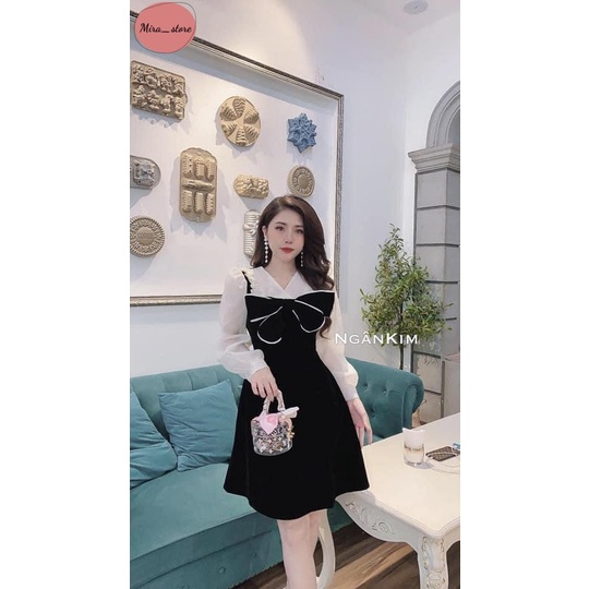 Đầm Bầu Công Sở Nhung Nơ Cổ Siêu Xinh freesize từ 40-75kg