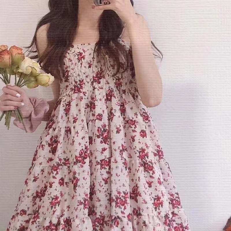 Đầm Mini Hai Dây Dáng Chữ A In Họa Tiết Hoa Phối Nơ Phong Cách Lolita Cổ Điển Cho Nữ