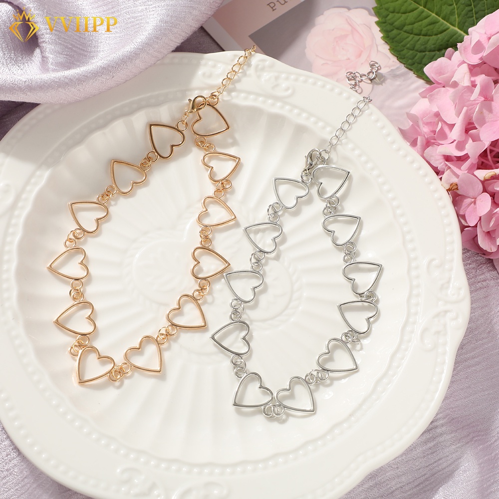 Dây chuyền choker trái tim rỗng màu vàng bạc phong cách Hàn Quốc thời trang dành cho nữ