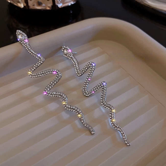 Bông Tai Mạ Bạc 925 Dáng Dài Hình Rắn Đính Kim Cương Phong Cách retro Thời Trang