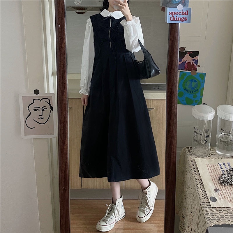 Bộ áo sơ mi + đầm yếm hai dây dáng rộng kiểu Hàn Quốc thời trang mùa thu cho nữ sinh