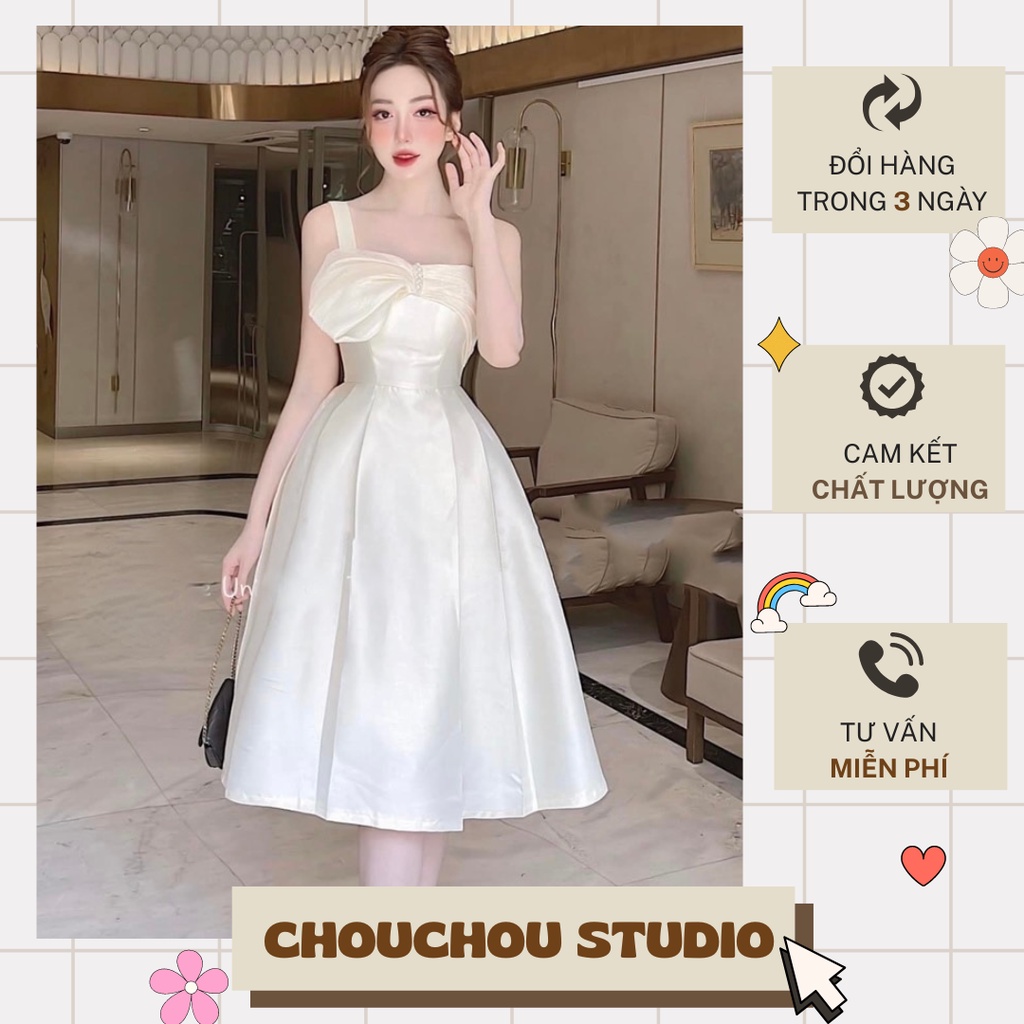 Váy tapta xoè nơ voan hàng thiết cao cấp, đầm trễ vai dự tiệc sang chảnh