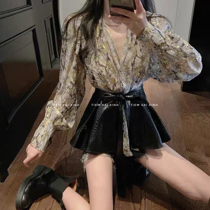 Áo Kiểu  [Tiệm Vải Xinh]  Set Áo Kiểu Mix Váy Quây Nơ Buộc - Hàng Quảng Châu SM002