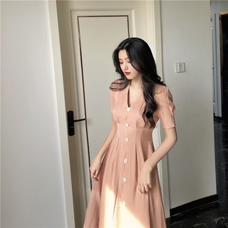 [Sẵn hồng S] Đầm lụa ulzzang cổ V phối cúc - u.w