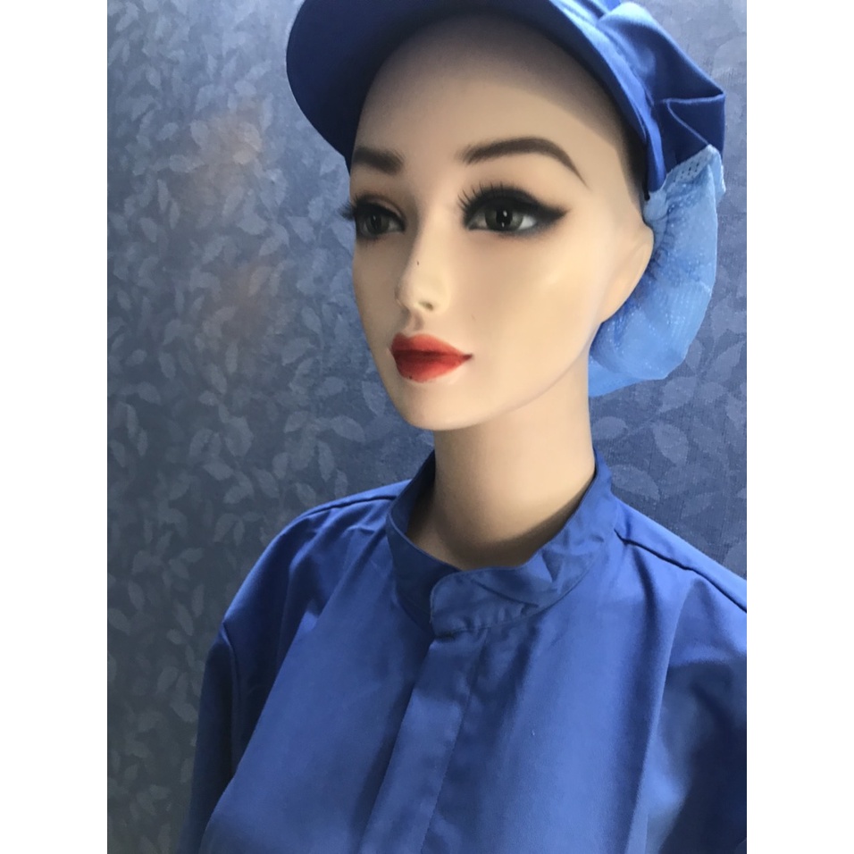 Nón kết vải lưới dài trùm tóc công nhân thủy sản, thực phẩm - Mũ trùm tóc y tế, bảo hộ màu xanh coban