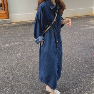 Váy sơ mi dáng dài màu xanh đậm denim