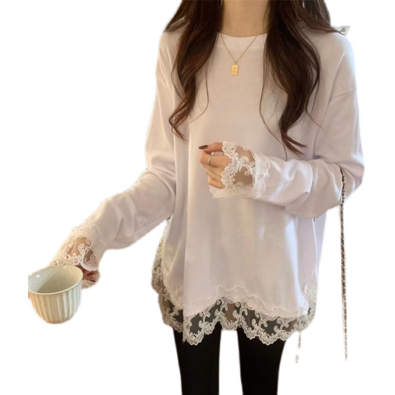 SUXI Áo Thun Tay Dài Cổ Tròn Phối Ren Màu Sắc Đơn Giản Thời Trang Xuân Thu