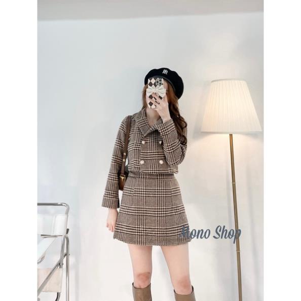 VNC Set dạ nữ áo croptop cổ vest dài tay 4 nút kèm chân váy lưng chun Ảnh thật/ sẵn