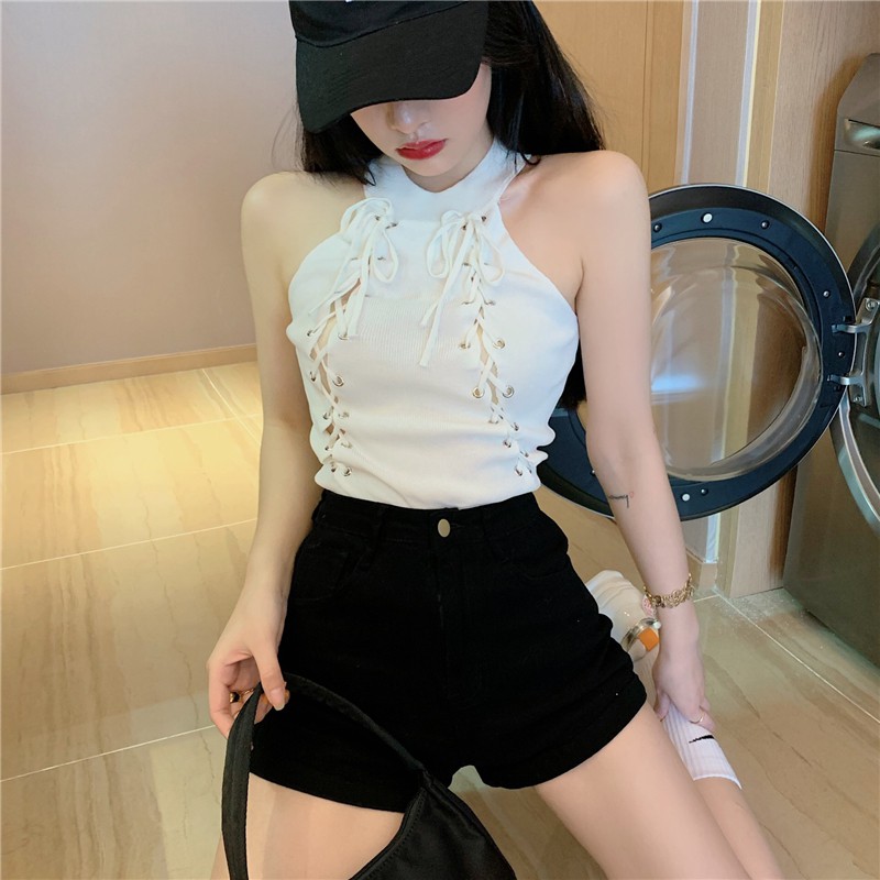 Áo thun nữ Croptop ulzzang Áo ba lỗ cổ yếm sát nách chất thun gân thắt dây hở ngực cực quyến rũ(TT2253)