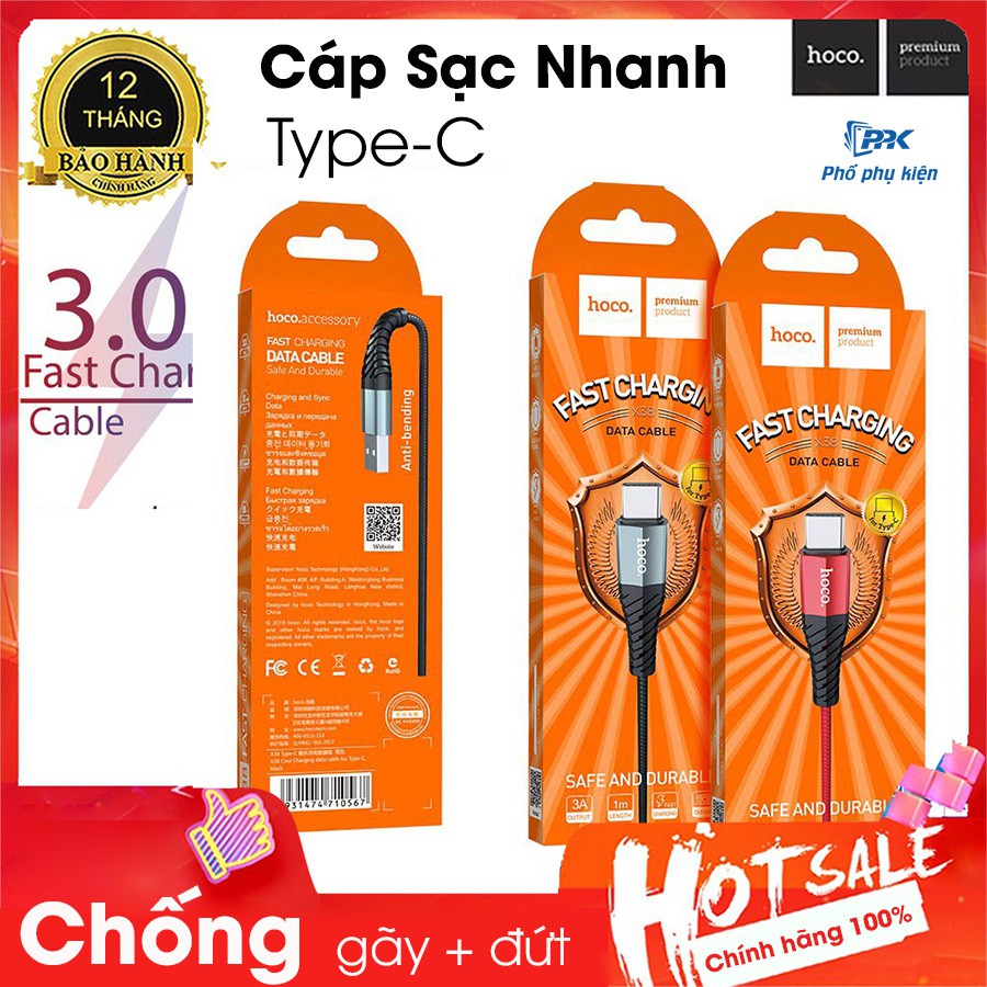 Dây cáp Type-C sạc nhanh 3A chống gãy dây dù siêu bền chính hãng HOCO X38 1M bảo hành 1 năm (màu giao ngẫu nhiên)