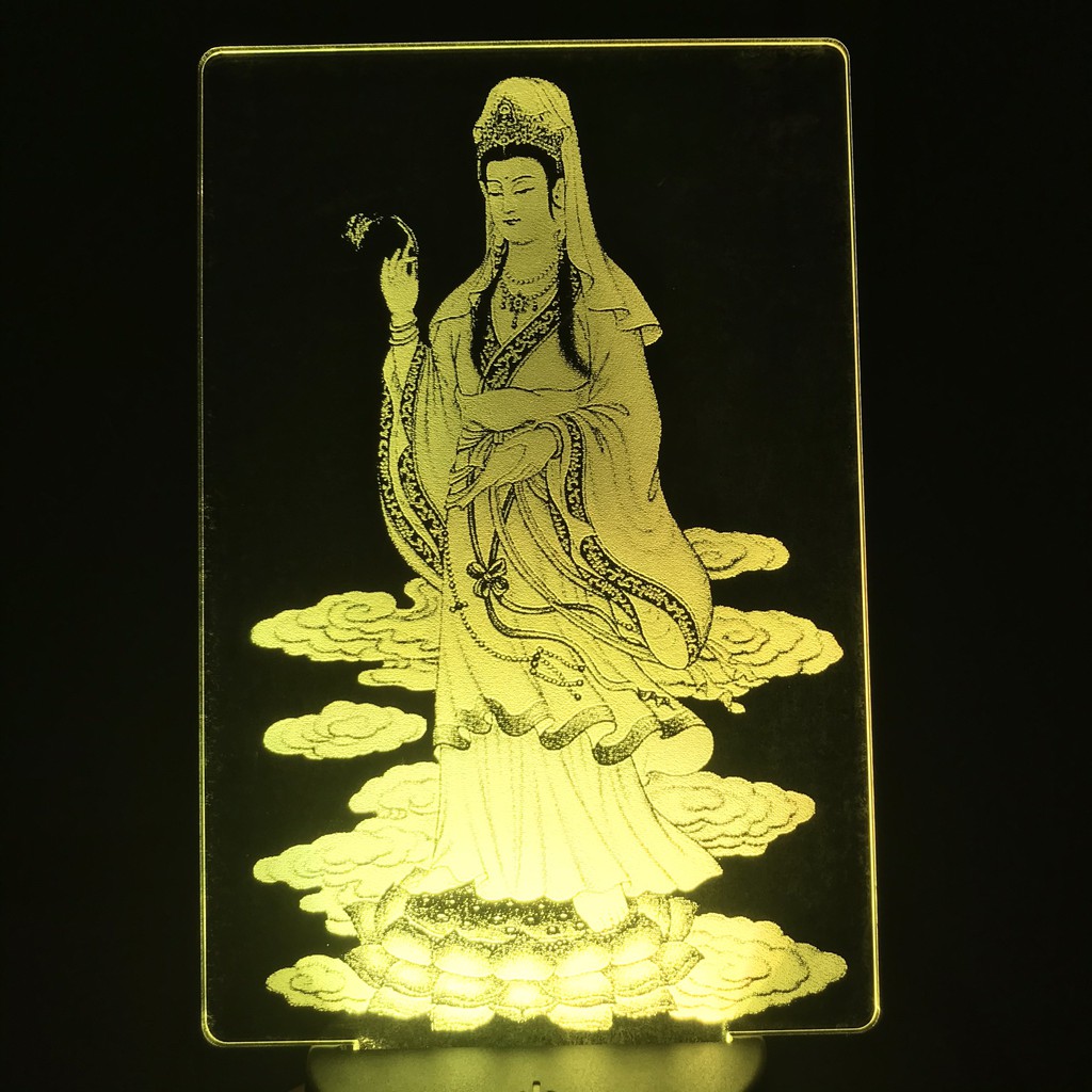 Đèn led Mẹ Quan Âm đứng trên mây, tranh điện thờ Phật khắc hình theo yêu cầu, khắc hình cá nhân,quà tặng sinh nhật