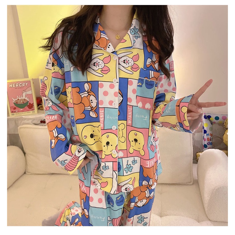 Bộ Đồ Ngủ Tay Dài Dáng Rộng In Hoạt Hình Gấu Pooh Kiểu Nhật Bản Thời Trang Mùa Thu Cho Nữ