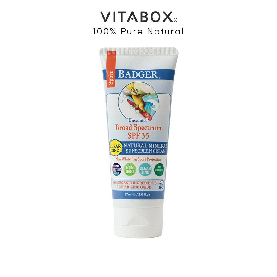 Kem chống nắng vật lý BADGER Sport Clear SPF 35 - NSF Organic, không mùi phổ rộng broad spectrum