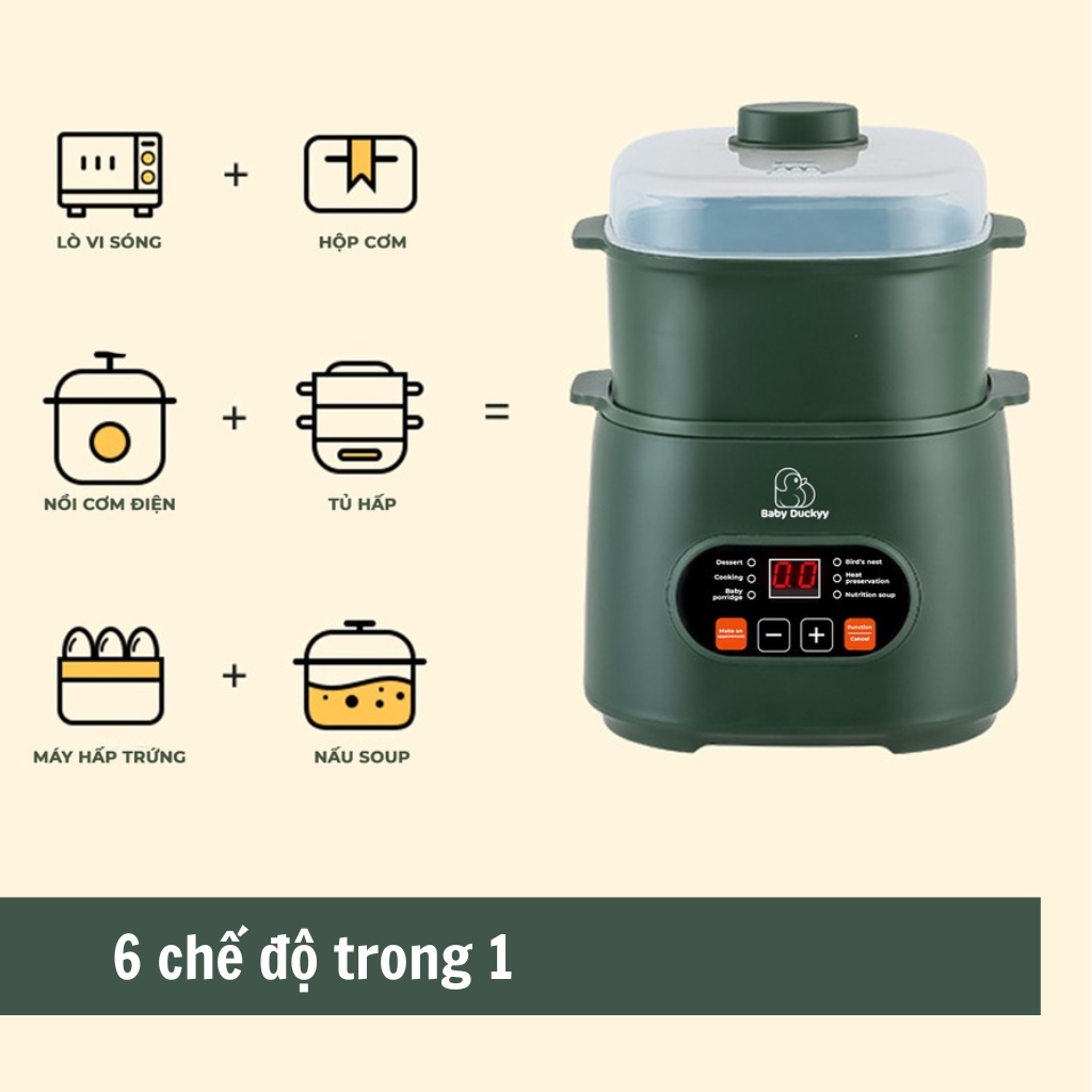 Nồi nấu cháo chậm Baby Duckyy, Hầm Cháo Chậm, Ninh Đa Năng Cho Bé_Baby Duckyy KALI 001 0.8L_Kèm Lồng Hấp BH 12T 5.0 73 Đ