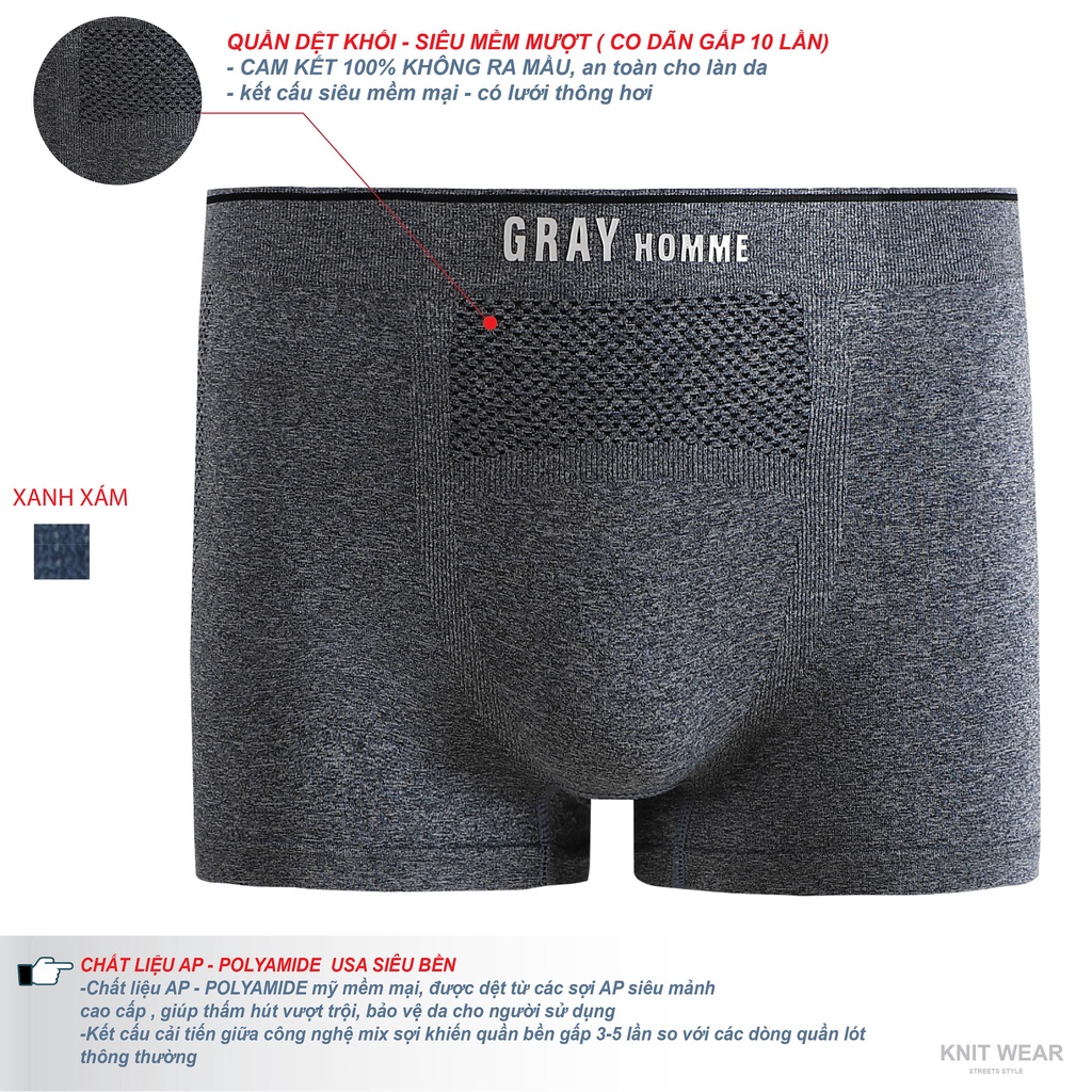 Quần sịp đùi Boxer nam GRAYHOMME vải dệt kim kháng khuẩn thấm hút cao cấp 100% thông hơi thoáng khí