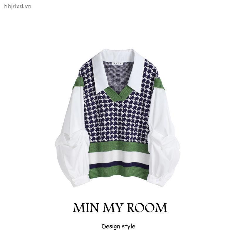 Áo sweater dệt kim tay phồng giả hai lớp họa tiết kẻ sọc dành cho nữ 2021