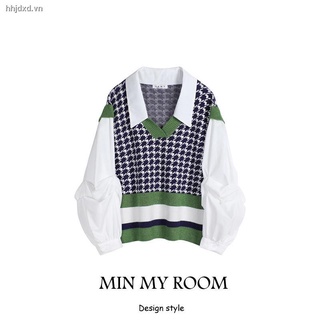 Áo sweater dệt kim tay phồng giả hai lớp họa tiết kẻ sọc dành cho nữ 2021