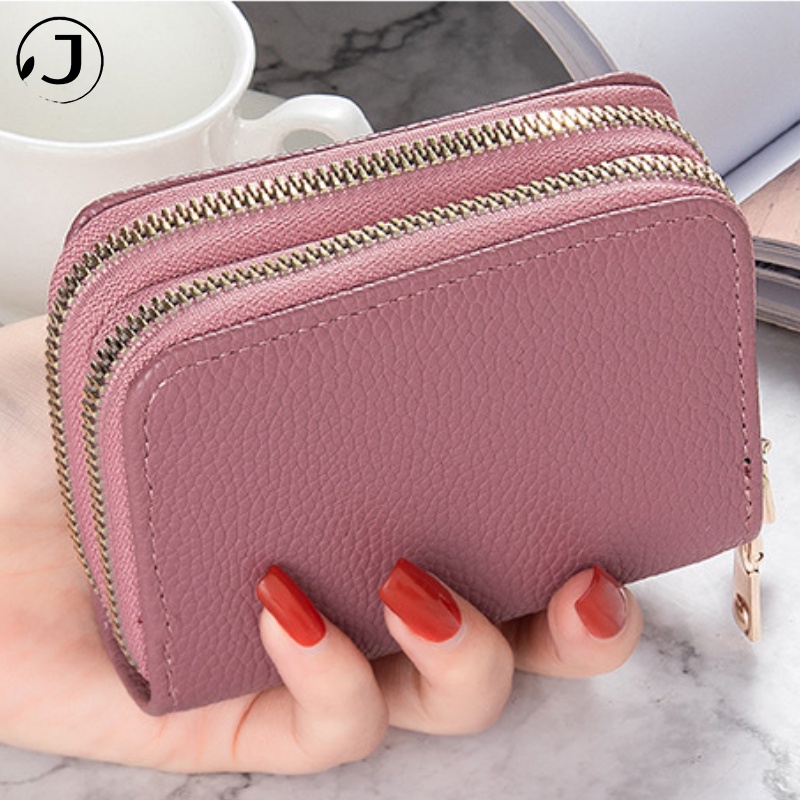 KAITIFEI Ví đựng thẻ kích thước cầm tay mini nhỏ gọn ngắn đẹp thời trang cao cấp da phối khóa kéo sang trọng cho nữ