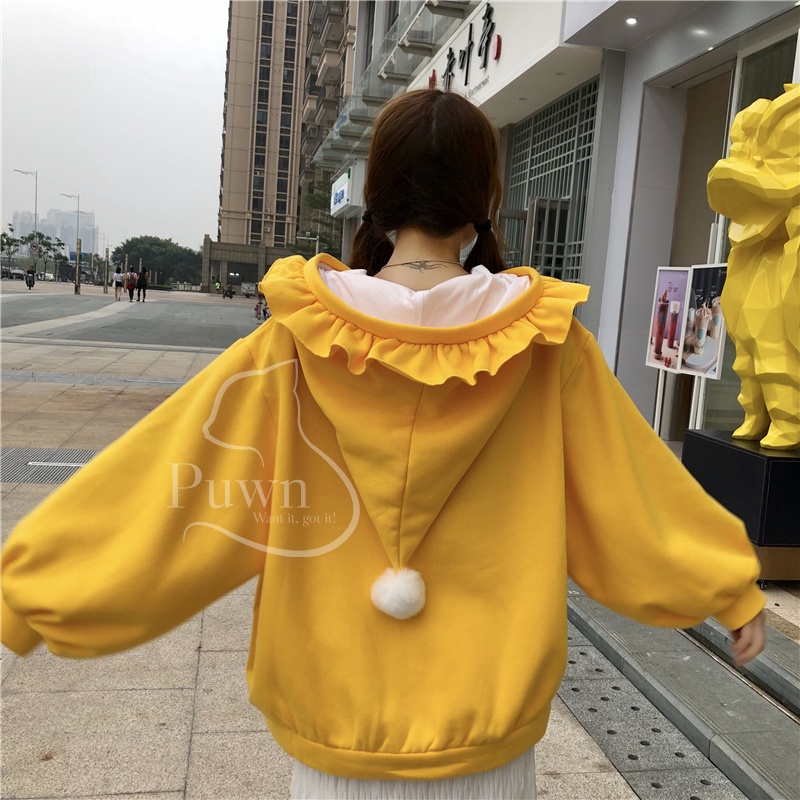 Áo hoodies đỏ Giáng Sinh mũ ấm áp phối quả bông trắng dễ thương Puwn Shop