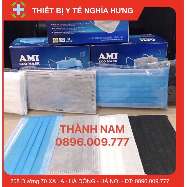 MÀU TRẮNG-Hộp Khẩu Trang Y Tế AMI 4 Lớp, Có Lớp Than Hoạt Tính (Hộp 50 chiếc)