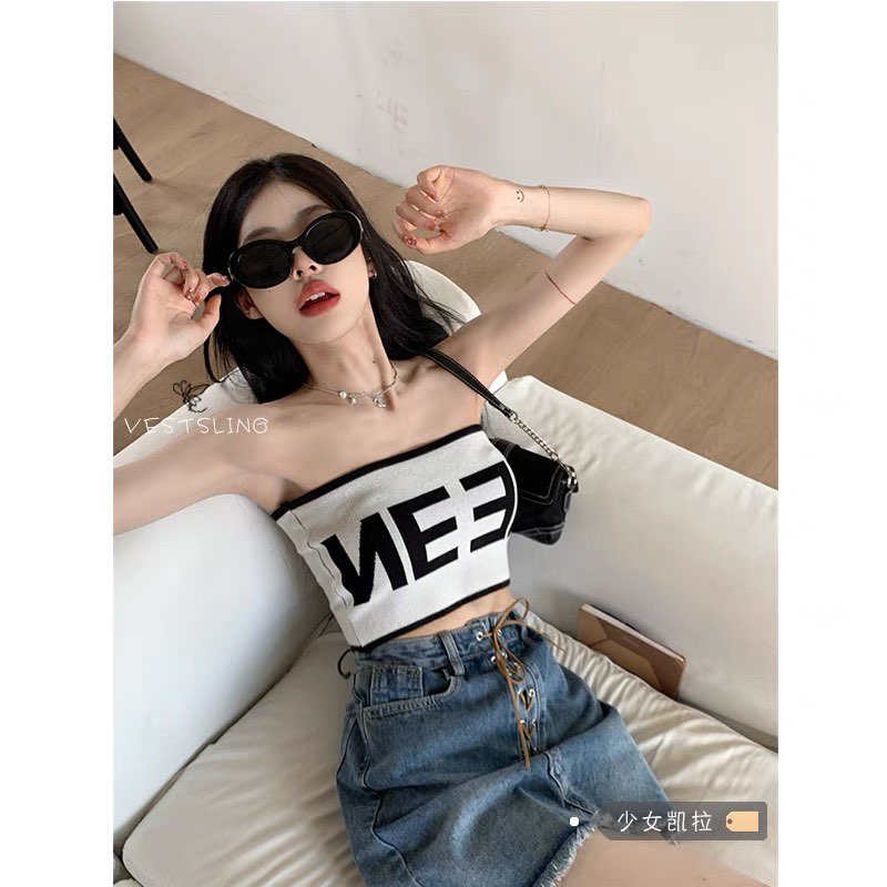 M48.  Áo ống có mút croptop - Áo Bra Quây Không Dây in chữ cá tính - Áo ống thể thao, tập gym