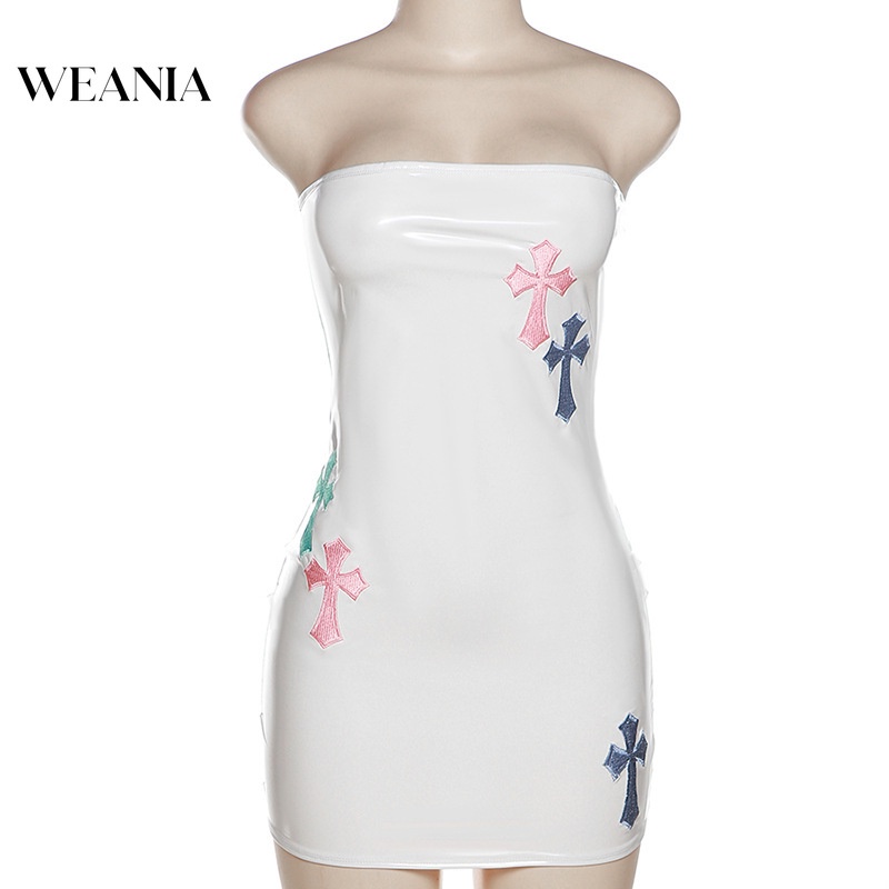 Đầm Body Da PU Trễ Vai Hoạ Tiết Thêu Thiết Kế Ôm Sát Tôn Dáng