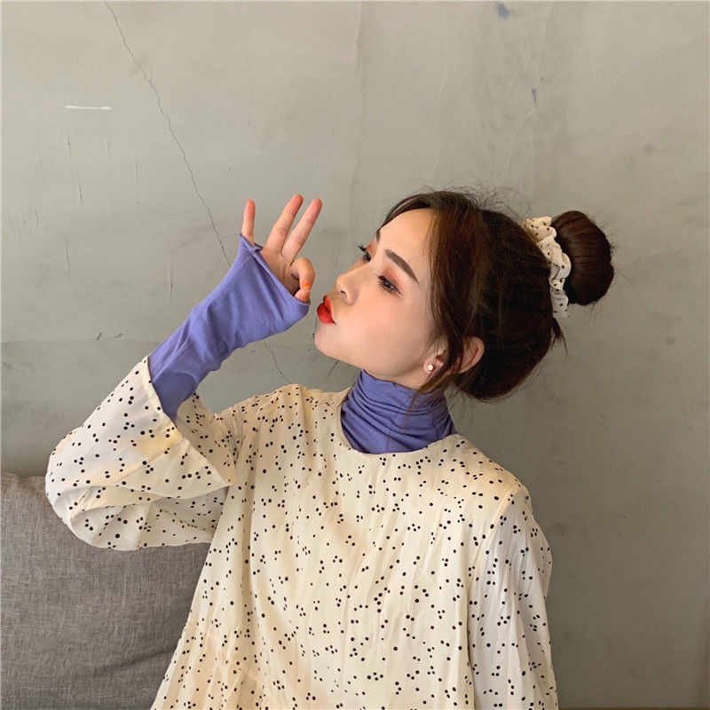 Áo Thun Nữ Tay Dài Cổ Cao Phối Ren Phong Cách Hàn Quốc