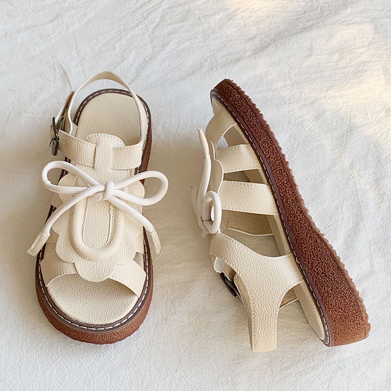 Giày Sandal Đế Dày Mũi Tròn Hở Ngón Dễ Thương Phong Cách Retro Mùa Hè