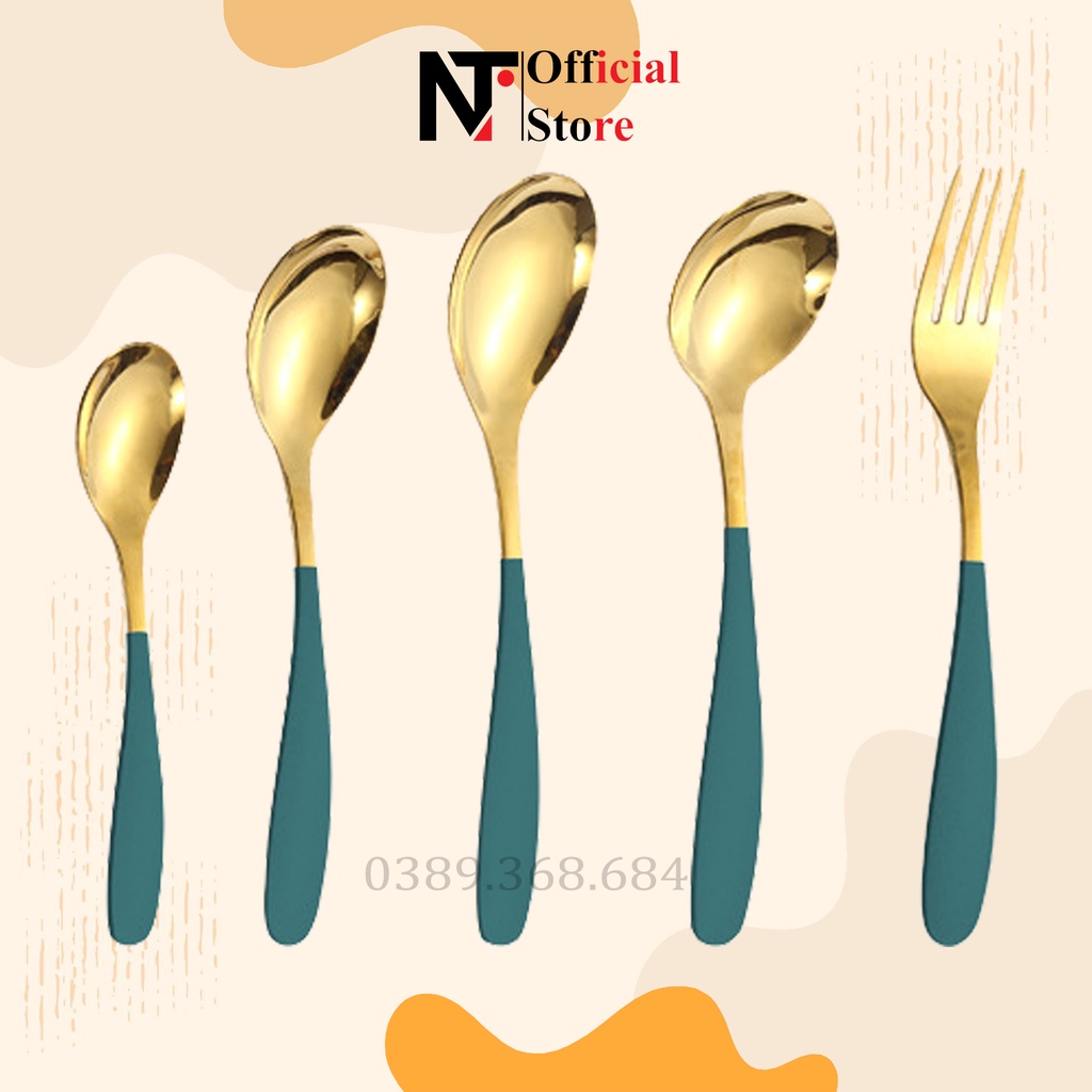 Thìa dĩa ăn cơm mạ vàng, chất liệu inox, cán dài nhiều màu  - NT Store