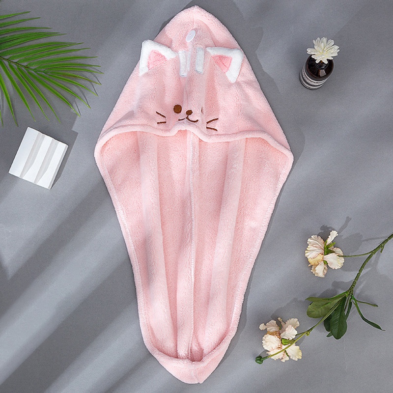 Khăn Quấn Tóc Bằng Vải Nhung San Hô Thấm Hút Nước Nhanh Khô Có Nút Hình Mèo Dễ Thương Cho Nữ