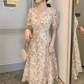 Đầm chiffon cổ chữ v họa tiết hoa phong cách mùa hè 2020
