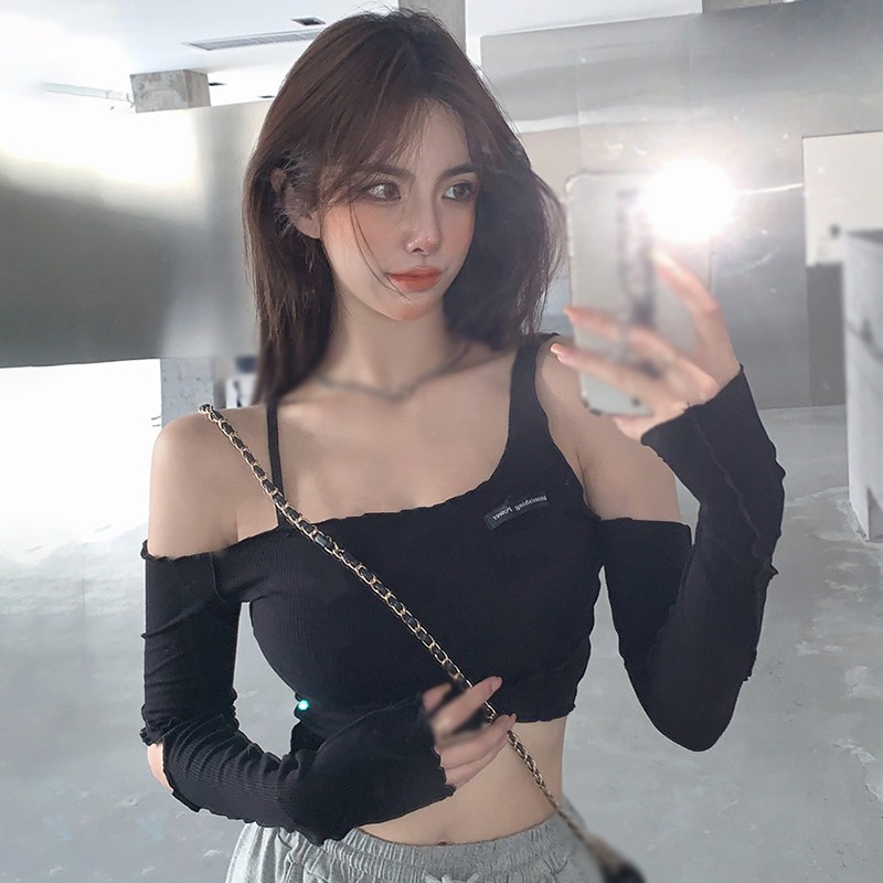 Áo Croptop Trễ Vai Dài Tay Quyến Rũ Cho Nữ