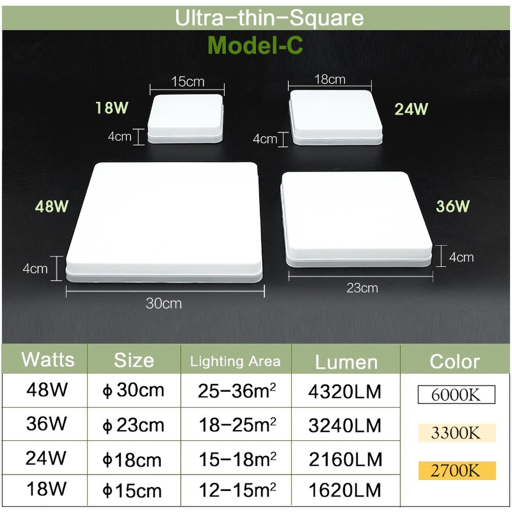 Đèn LED Gắn Trần Hình Vuông 48W/36W/24W/18W Ánh Sáng Trắng Ấm Áp