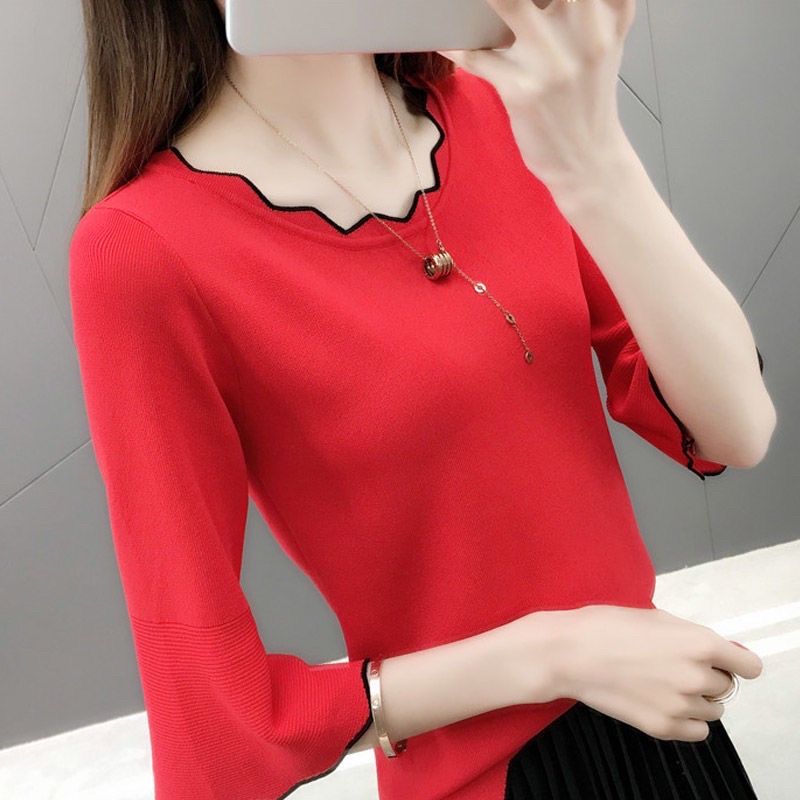 Áo Thun Nữ Tay Dài Viền Lượn Sóng Ống Tay Rộng