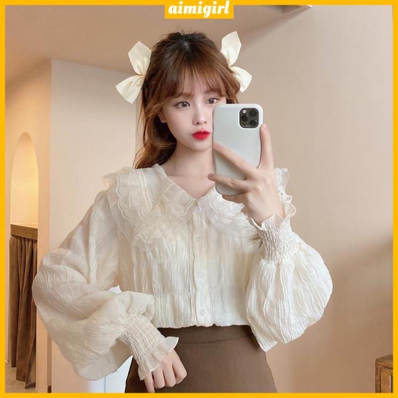 Cute Lace Floral Women Shirt Pleated Doll Lapel Collar Long Sleeve Blouse Student Shirt