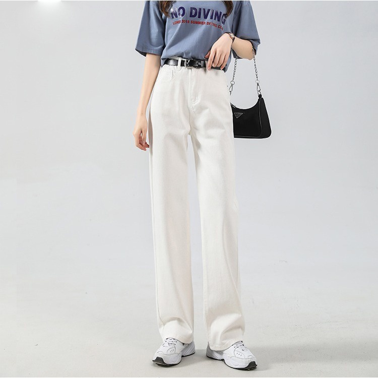 Quần jeans kaki ống rộng eo cao thời trang đường phố sành điệu với nhiều màu tùy chọn dành cho nữ - 1Minute