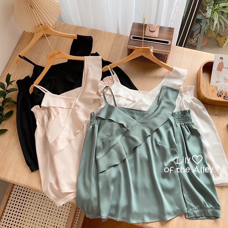 Áo trễ vai lụa bèo ngực phong cách Ulzzang Hàn Quốc