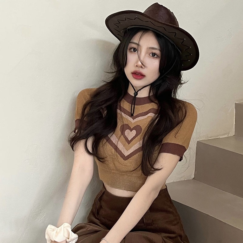 Áo Thun Dệt Kim Tay Ngắn Form Ôm Thoáng Khí Cho Nữ