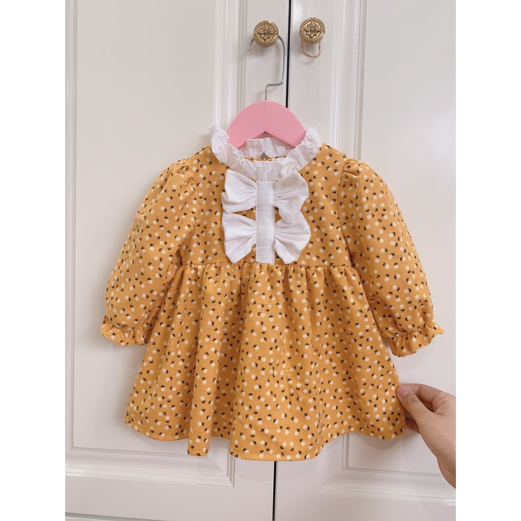 Đầm bé gái ⚡ 𝗙𝗥𝗘𝗘𝗦𝗛𝗜𝗣 ⚡ Hàng thiết kế - Chất liệu cào bông hoa nhí vàng nơ trắng mềm mại và an toàn cho bé