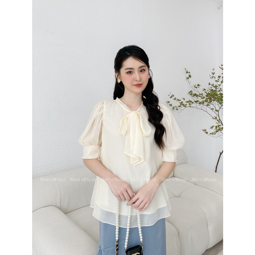 Set áo sơ mi nữ tay ngắn quần short cạp cao tiểu thư thiết kế tay bồng cổ nơ công sở voan hai lớp Mori Clothing ASM01