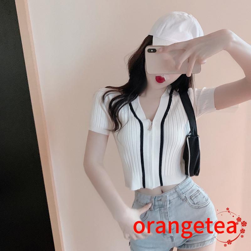 Áo Thun Dệt Kim Tay Ngắn Cổ Chữ V Phối Khóa Kéo Thời Trang Mùa Hè Cho Nữ
