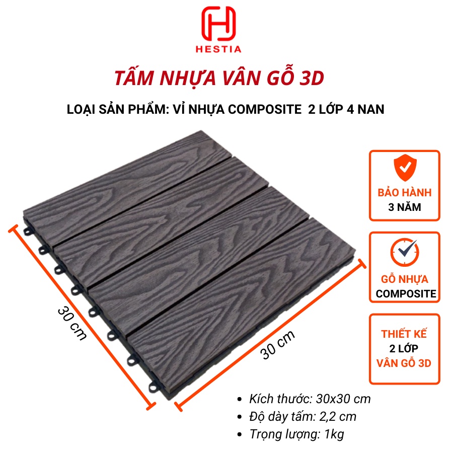 Luxury - Vỉ Nhựa Lót Sàn Ban Công 3T Vân Gỗ 3D - Loại 2 Lớp 4 Nan Nhựa Composite Siêu Bền