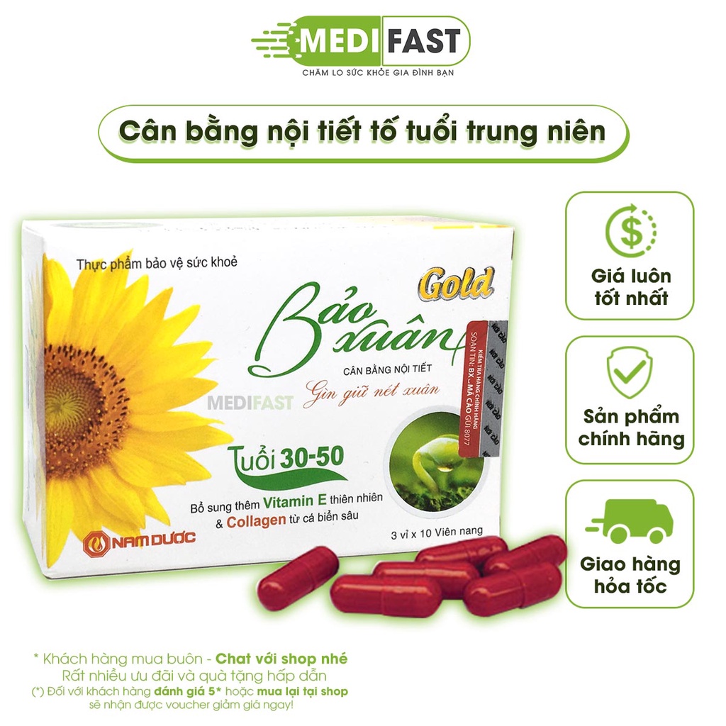 Bảo xuân Gold hỗ trợ cân bằng nội tiết tố nữ - Hộp 30 viên - dùng cho phụ nữ từ 30 đến 50 tuổi, giảm lão hóa, đẹp da