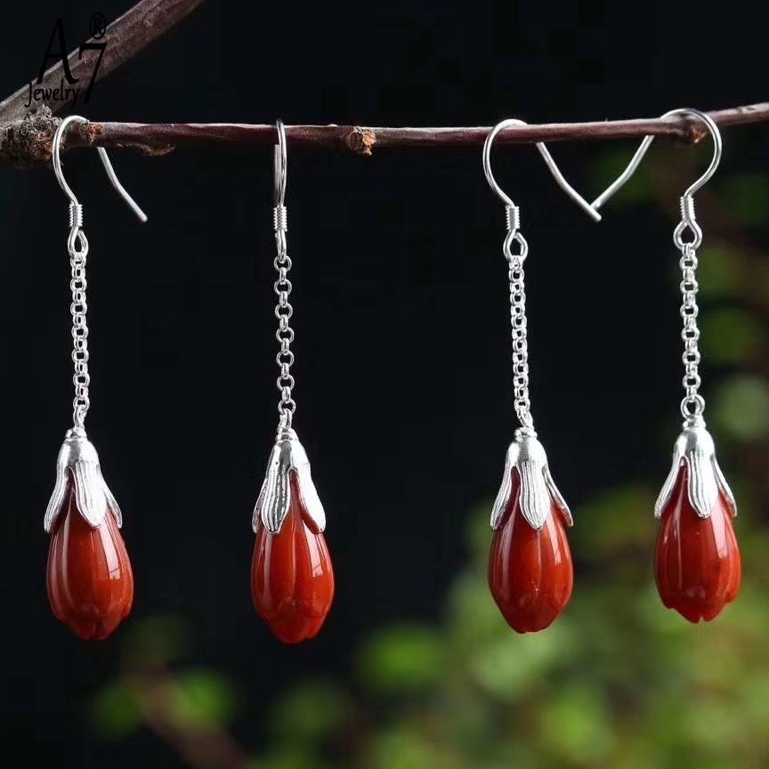 Bông Tai Mạ Bạc 925 Hình Hoa Mộc Lan Đính Đá Ngọc Bích Giả Xinh Xắn Cho Nữ