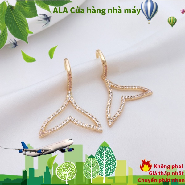 💖Đồ trang sức DIY💖Bông Tai Hình Đuôi Cá Voi 14K Đính Đá Zircon Giả Thời Trang Cho Nữ[Hoa tai / Đinh tán tai / Kẹp tai / Ốp tai / móc tai]